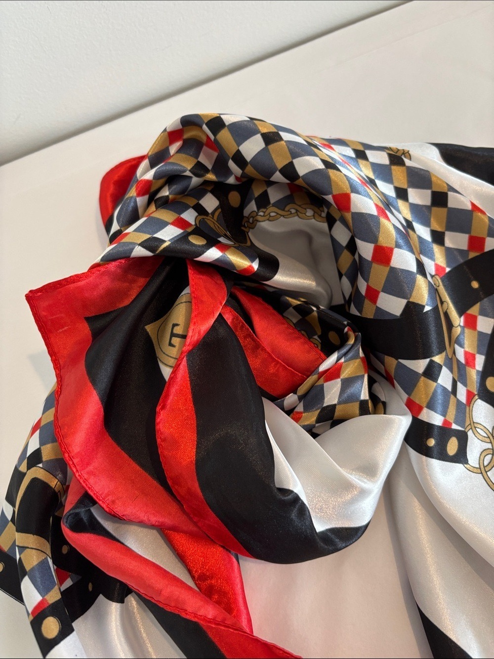 Vintage satin equestrian print neck scarf geometric & chain print red white blue - Picture 7 of 11